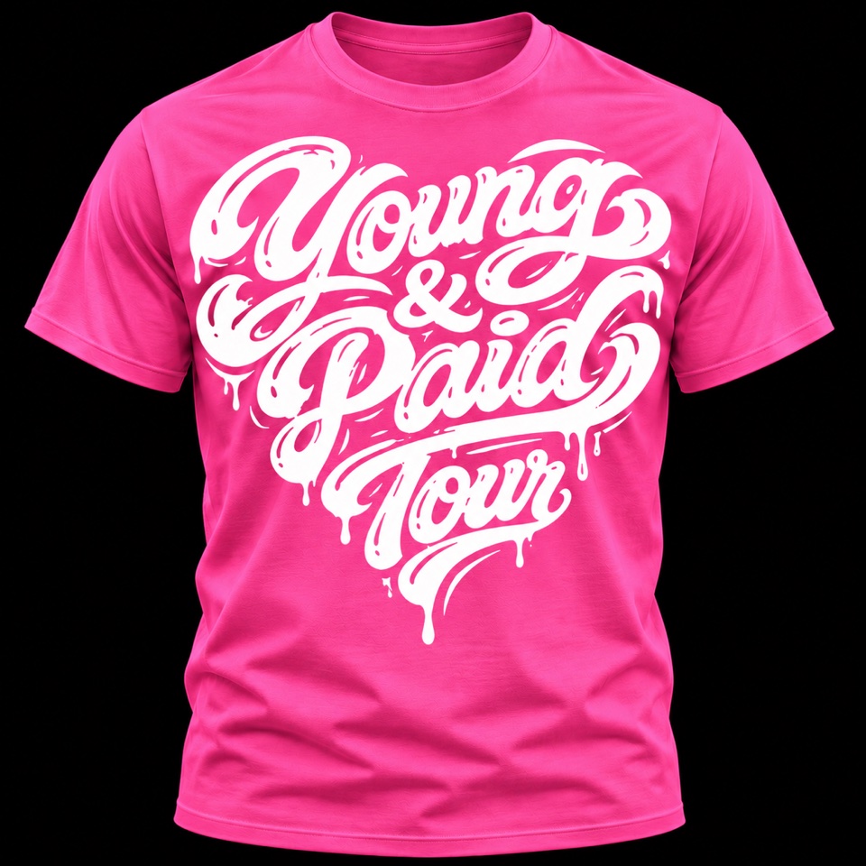 Hot pink Young and Paid Tour T-shirt with white graffiti lettering