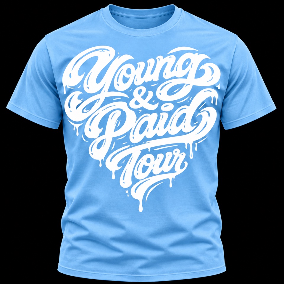 Light blue Young and Paid Tour T-shirt with white graffiti lettering
