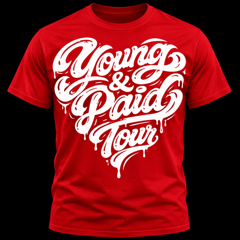 Red Young and Paid Tour T-shirt with white graffiti lettering